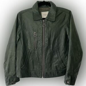 Pepe Jeans Leather Bomber Jacket Moto green womens L goth grunge coat biker